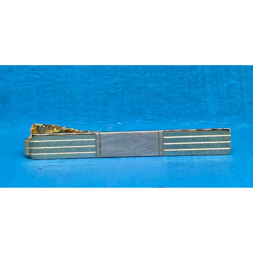 Vintage Gold & Silver Tone Striped Tie Clip Bar Mens Accessory